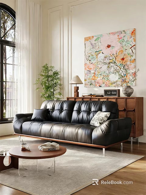 Black Leather Multi person Sofa Interior With Green Plant Floral Painting Wooden Cabinet And Coffee Table 3d model 
