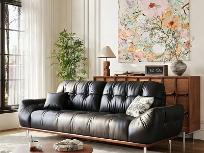 Black Leather Multi person Sofa Interior With Green Plant Floral Painting Wooden Cabinet And Coffee Table 3d model