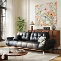 Black Leather Multi person Sofa Interior With Green Plant Floral Painting Wooden Cabinet And Coffee Table