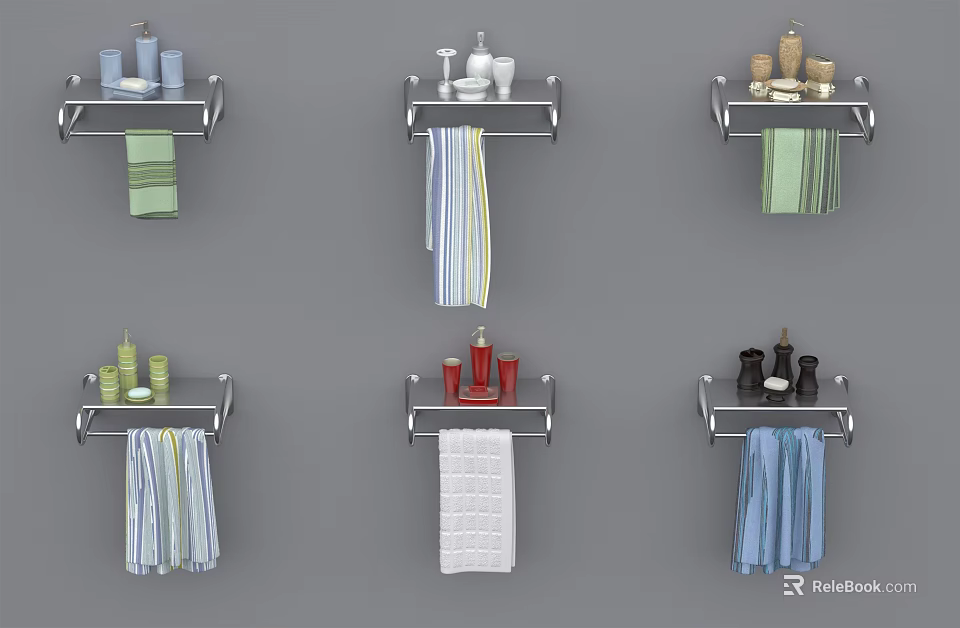 Stylish Bathroom Accessories Featuring Wall Mounted Shelves Colorful Towels And Toiletries 3d model 