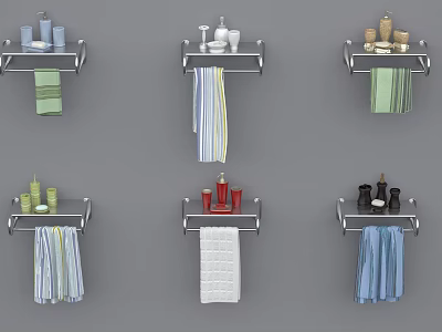 Stylish Bathroom Accessories Featuring Wall Mounted Shelves Colorful Towels And Toiletries 3d model