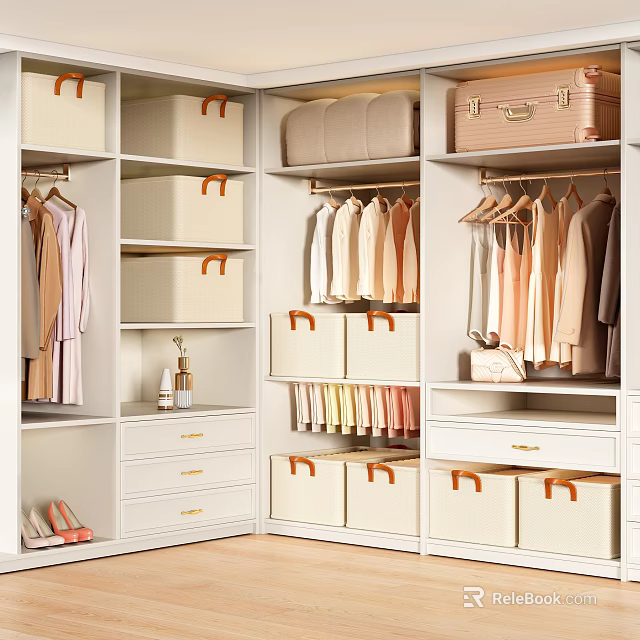 Organized Clothes In Modern Closet With Hangers Shelves Drawers And Storage Baskets 3d model 