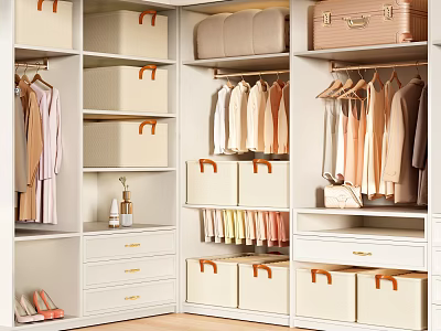 Organized Clothes In Modern Closet With Hangers Shelves Drawers And Storage Baskets 3d model