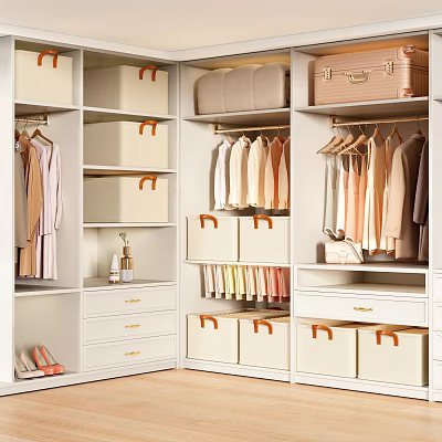 Organized Clothes In Modern Closet With Hangers Shelves Drawers And Storage Baskets 3d model