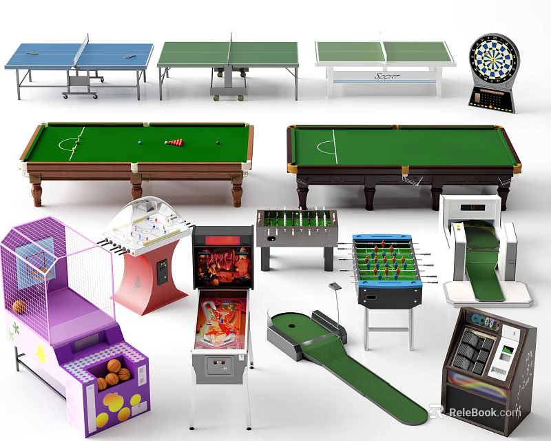 Diverse Indoor Sports Equipment Including Table Tennis Tables Pool Tables Dartboard Foosball And Basketball Machines 3d model 