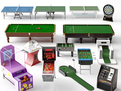 Diverse Indoor Sports Equipment Including Table Tennis Tables Pool Tables Dartboard Foosball And Basketball Machines 3d model