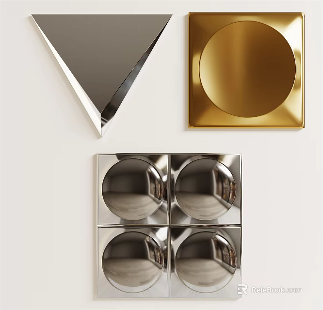 Modern Metallic Wall Decor Featuring Silver Triangular Gold Circular And Four Panel Designs 3d model
