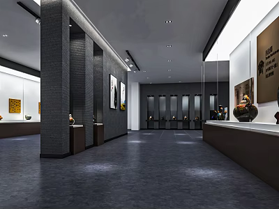 Modern Gallery Interior With Artworks Display Cases Dark Flooring And Lighting 3d model