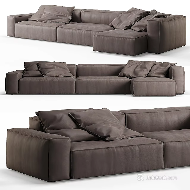 Dark Gray Leather Sectional Sofa Modern Minimalist Design With Plush Pillows 3d model