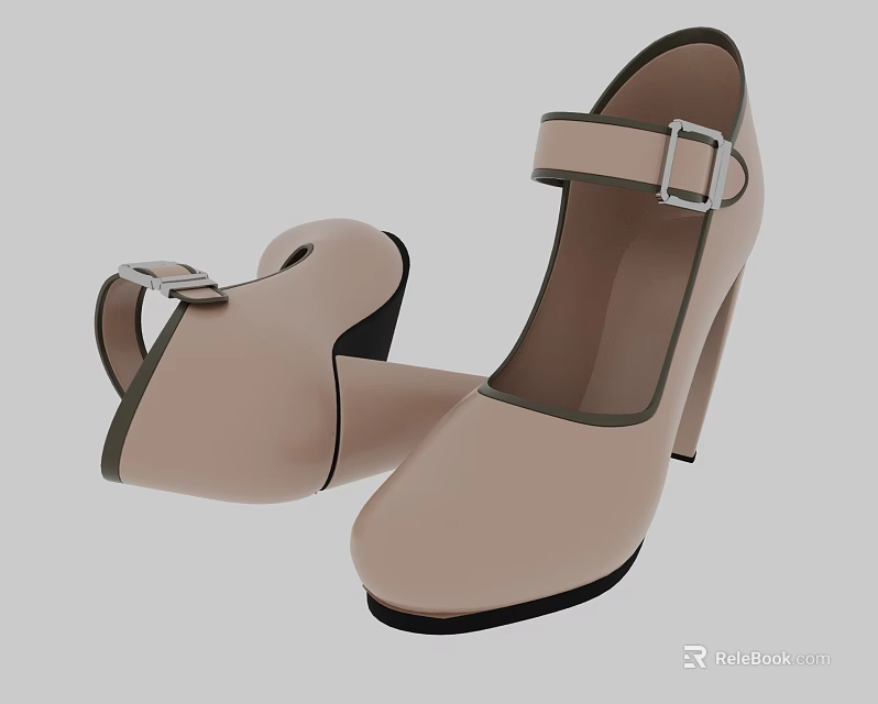 Nude Women's High Heels With Buckle Strap Round Toe And Black Sole 3d model 