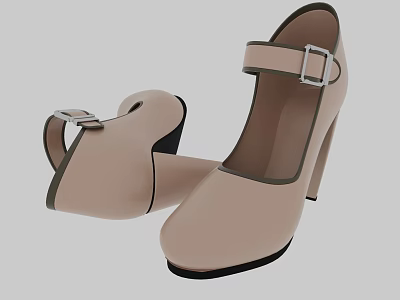 Nude Women's High Heels With Buckle Strap Round Toe And Black Sole 3d model
