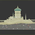 Cartoon Scenery Featuring Green Dome Building And Small Surrounding Buildings On Sand Base With Spots