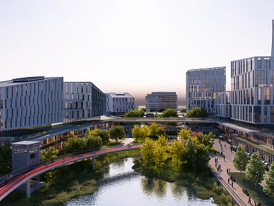 Modern Industrial Factory Building Complex Featuring River Bridge Green Landscaping And Pedestrian Area 3d model
