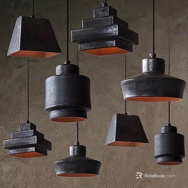 Modern Black Pendant Lights With Various Shapes And Orange Inner Shades On Textured Wall 3d model 