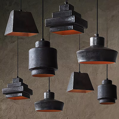 Modern Black Pendant Lights With Various Shapes And Orange Inner Shades On Textured Wall 3d model