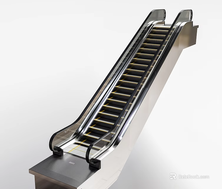 Modern Escalator With Metallic Frame Striped Steps And Transparent Side Panels 3d model