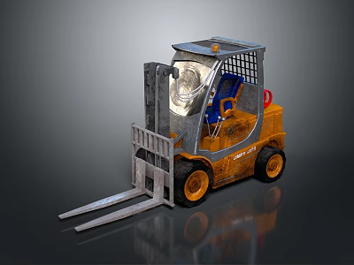 Yellow And Gray Forklift Truck With Front Forks Metal Cab And Blue Seat 3d model