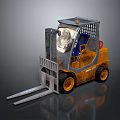 Yellow And Gray Forklift Truck With Front Forks Metal Cab And Blue Seat