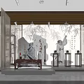 Elegant Traditional Chinese Display Space with Ink Painting Bamboo Calligraphy and Decorative Statues