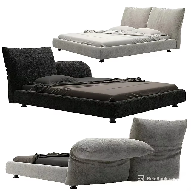 Modern Double Bed With Black And Gray Velvet Upholstery Plush Pillows And Soft Sheets 3d model 