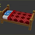 Wooden Bed Frame With Red Geometric Pattern Quilt And Blue Star Pillow