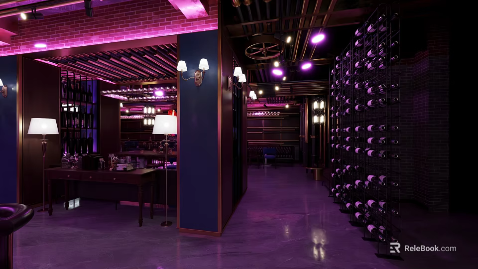 Elegant Dark Bar Interior With Brick Walls Purple Lighting And Wine Racks 3d model 