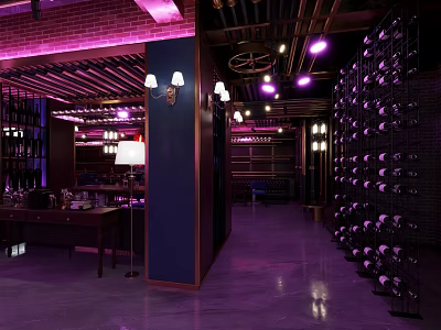 Elegant Dark Bar Interior With Brick Walls Purple Lighting And Wine Racks 3d model