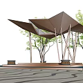 Modern Geometric Pergola With Wooden Columns Trees And Platform Base 3d model