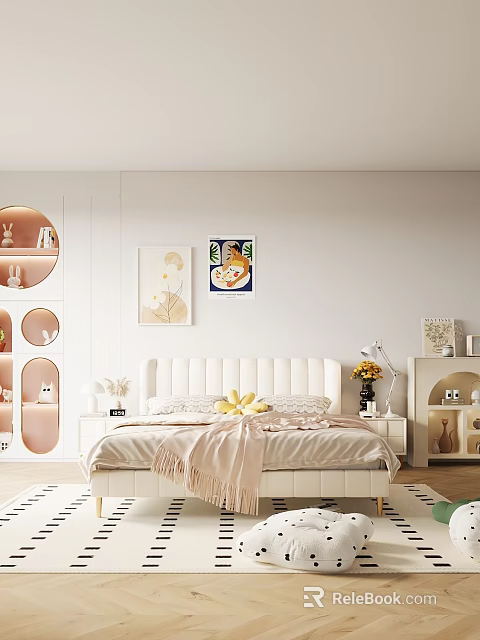 Cozy Modern Bedroom Interior With White Bed Circular Shelves And Decorative Paintings 3d model 
