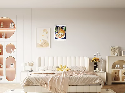 Cozy Modern Bedroom Interior With White Bed Circular Shelves And Decorative Paintings 3d model