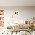 Cozy Modern Bedroom Interior With White Bed Circular Shelves And Decorative Paintings