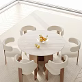 Round Dining Table Set with Marble Top Six Upholstered Armchairs Lemon Decor Bright Dining Area 3d model