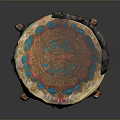 Carved Wooden Leg Stool With Round Colorful Embroidery Seat And Decorative Accent