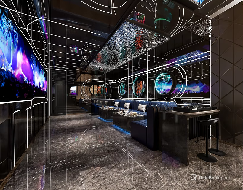 Modern KTV Interior With Neon Lights Large Screen Comfortable Sofas And Marble Floor 3d model