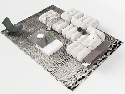 Modern White Tufted Sofa And Coffee Table Set With Gray Rug And Green Plant Decor 3d model