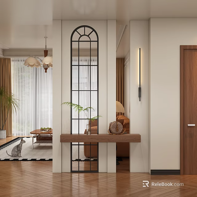 Elegant Entryway with Arched Mirror Console Table Plant and Decorative Lighting 3d model 