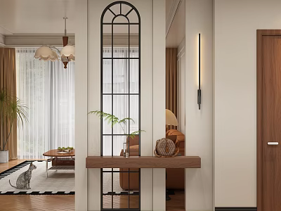 Elegant Entryway with Arched Mirror Console Table Plant and Decorative Lighting 3d model