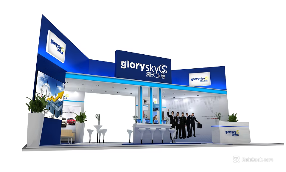 Glory Sky Modern Exhibition Booth With Blue Design Professional Staff And Display Area 3d model 