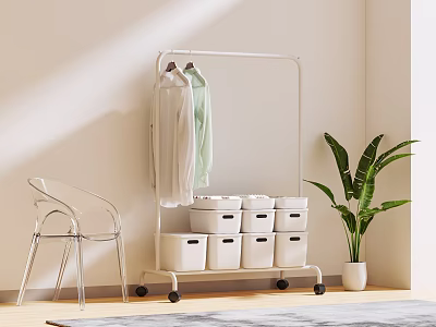 Modern Hanger Rack With Hanging Clothes Storage Bins On Wheels And Transparent Chair By Plant 3d model