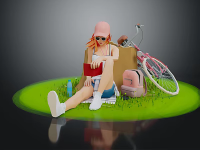 Girl In Pink Hat Orange Hair Sitting On Green Grass With Bicycle Backpack Red Notebook 3d model