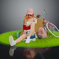 Girl In Pink Hat Orange Hair Sitting On Green Grass With Bicycle Backpack Red Notebook