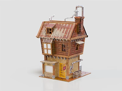 Two Story Wooden House Model With Sloped Roof Porch Windows And Chimney 3d model