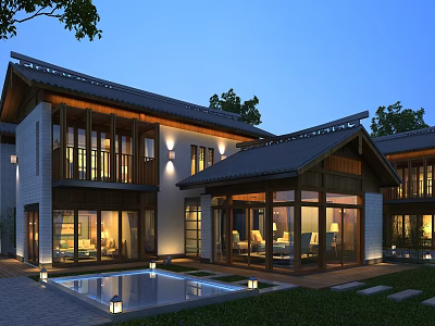 Modern Chinese Detached Villa With Swimming Pool Night Lights And Glass Facade 3d model