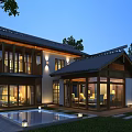 Modern Chinese Detached Villa With Swimming Pool Night Lights And Glass Facade