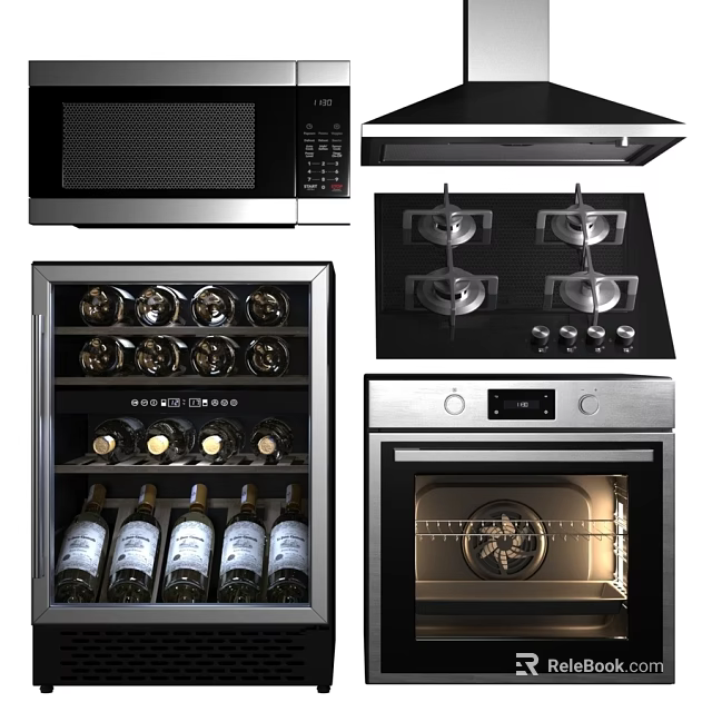 Essential Modern Kitchen Appliances Including Microwave Range Hood Gas Stove Wine Cooler And Oven 3d model 