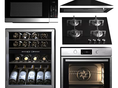 Essential Modern Kitchen Appliances Including Microwave Range Hood Gas Stove Wine Cooler And Oven 3d model