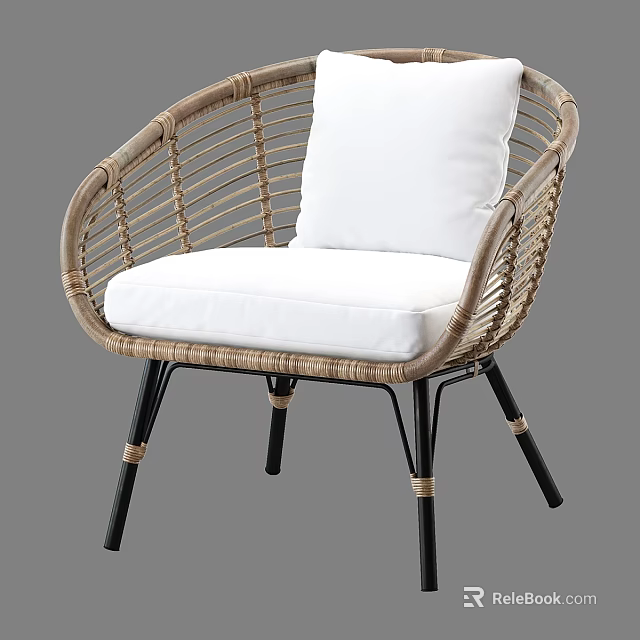 Rattan Single Sofa with White Cushion Backrest and Black Legs Design 3d model 