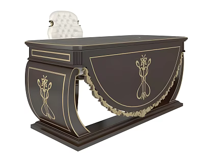 Elegant Dark Wooden Office Desk With Golden Accents Intricate Patterns And White Padded Chair 3d model