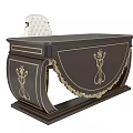 Elegant Dark Wooden Office Desk With Golden Accents Intricate Patterns And White Padded Chair
