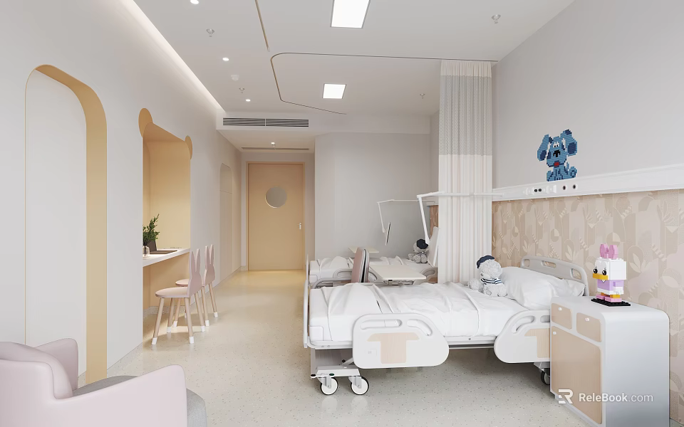 Warm Pediatric Outpatient Clinic Room With Hospital Bed And Cartoon Decor 3d model 